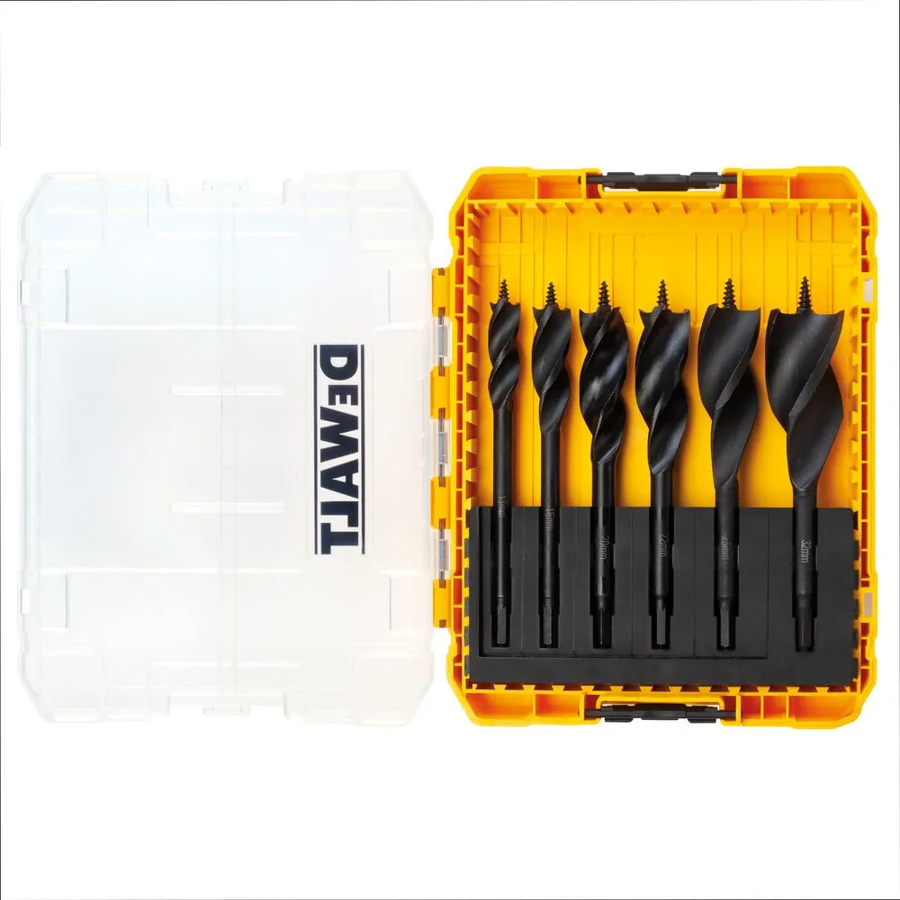 Pildil on näha DeWalt puidupuuride komplekt EXTREME 13-32 mm, mis koosneb kuuest erineva suurusega puurist kollases karbis.