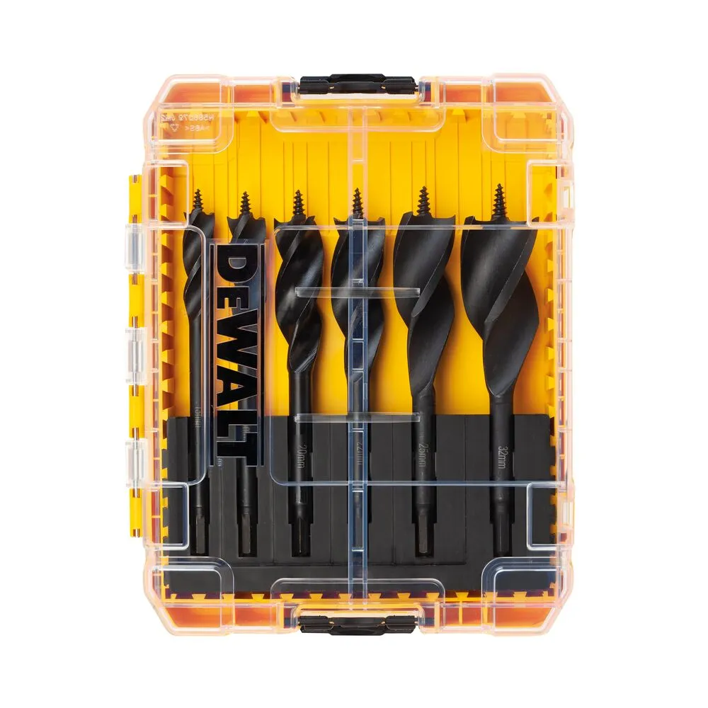 Pildil on DeWalt puidupuuride komplekt EXTREME 13-32 mm, mis sisaldab kuute erineva suurusega puuri.