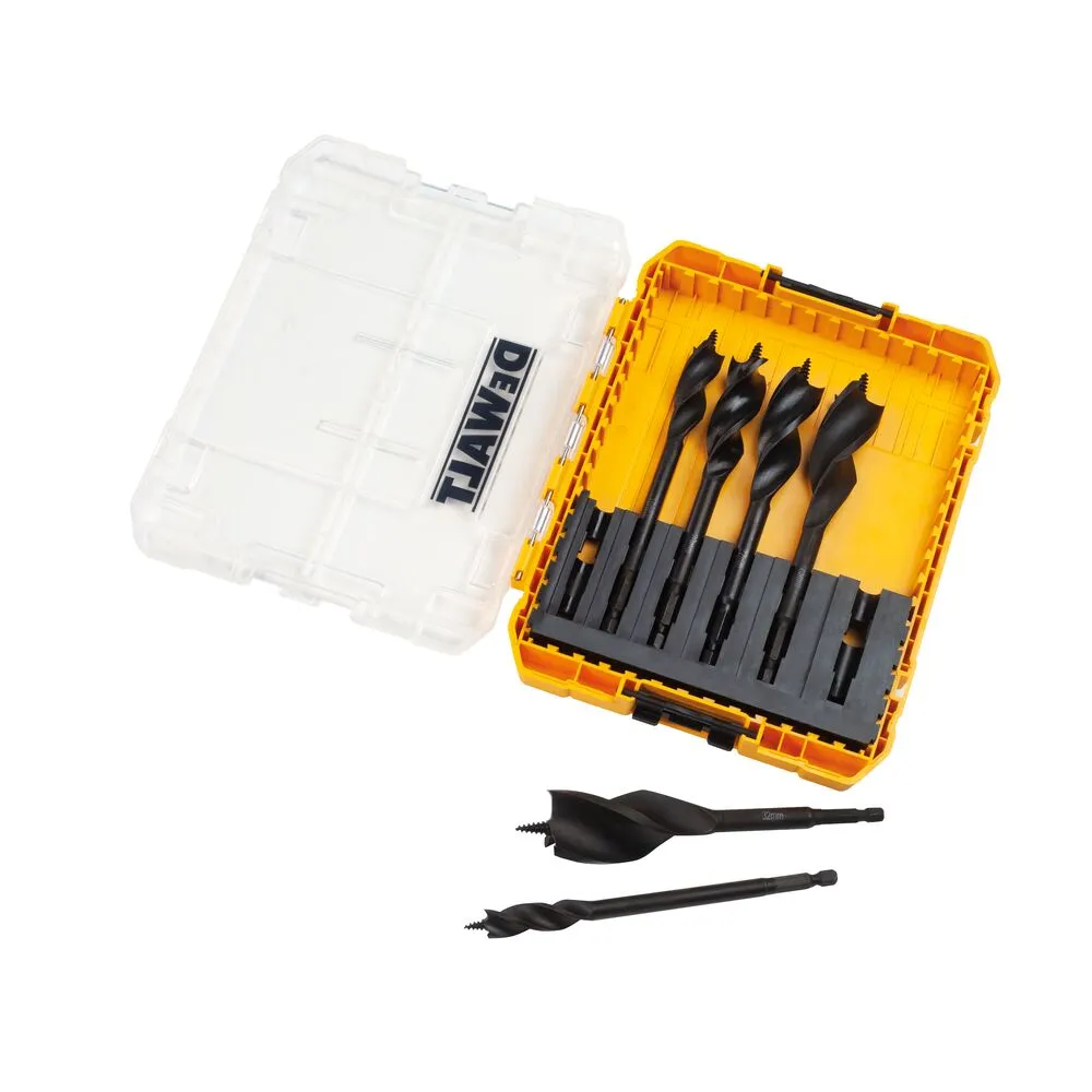 Pildil on näha DeWalt puidupuuride komplekt, mis sisaldab kuut erineva suurusega puuri karbis.