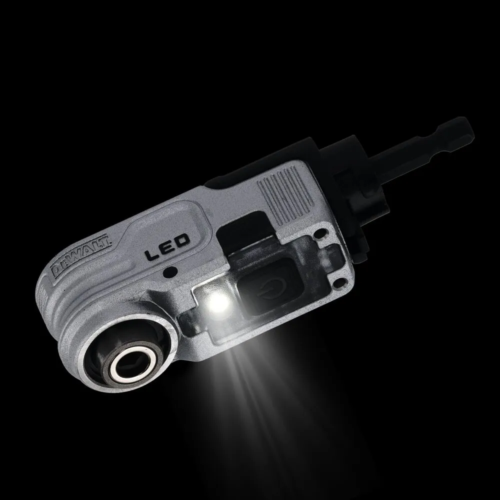 Pildil on näha Dewalt HEX Impact nurgaadapter LED-valgustusega ja selle külge käiv lisa käepide.
