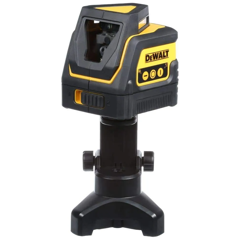 Pildil on näha DeWalt lasernivelliir DW0811, mis on paigutatud oma alusele.