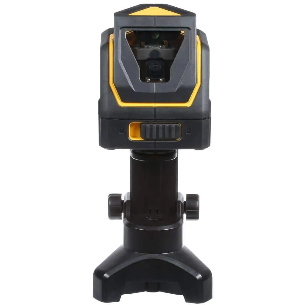 Pildil on näha DeWalt lasernivelliir DW0811, millel on must korpus kollaste detailidega ja mis on paigaldatud mustale...