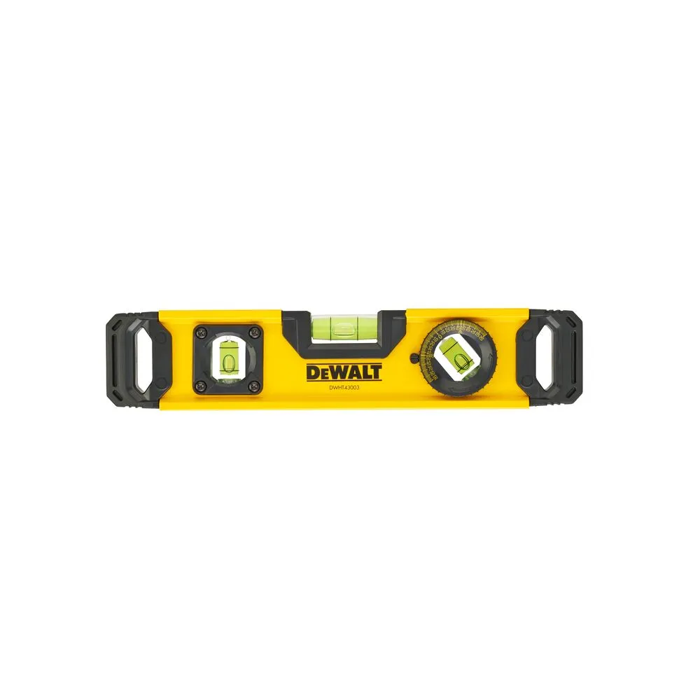 Pildil on näha kollane 25 cm pikkune DeWalt vesilood, millel on vertikaalne ja horisontaalne mullinivoo ning reguleeritav...