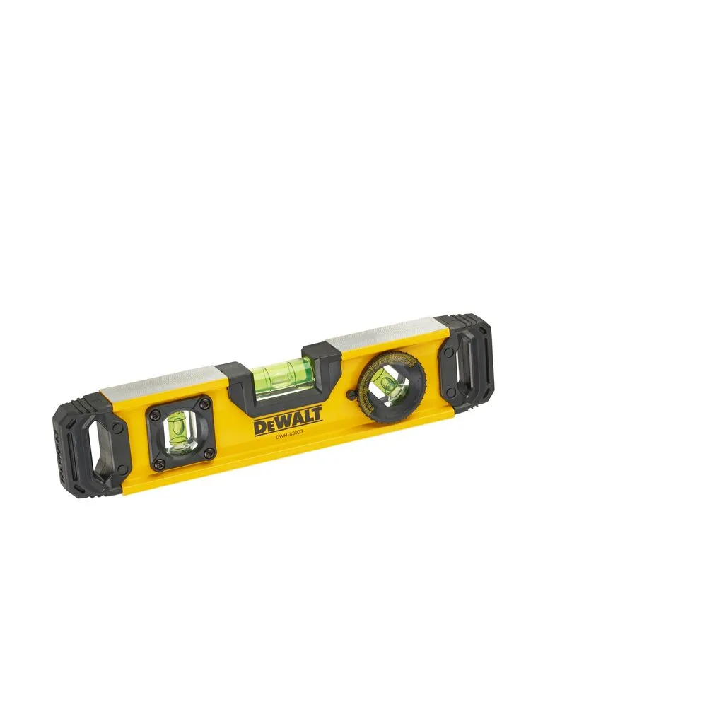 Pildil on kollane DeWalt 25 cm vesilood, millel on kaks mulliga toru ja pöörlev nurknäidik.