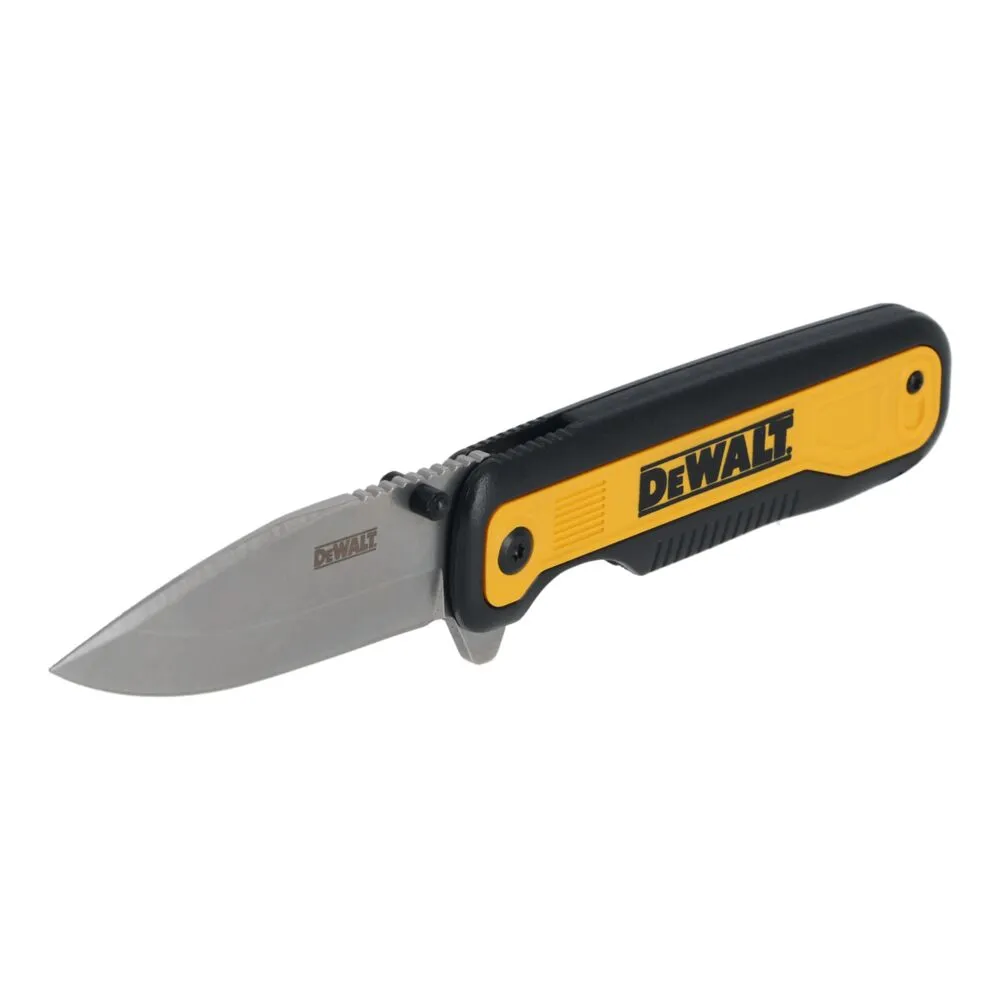 Pildil on näha Dewalt kokkuklapitav taskunuga DWHT10993, millel on must ja kollane käepide ning terav metallist tera.