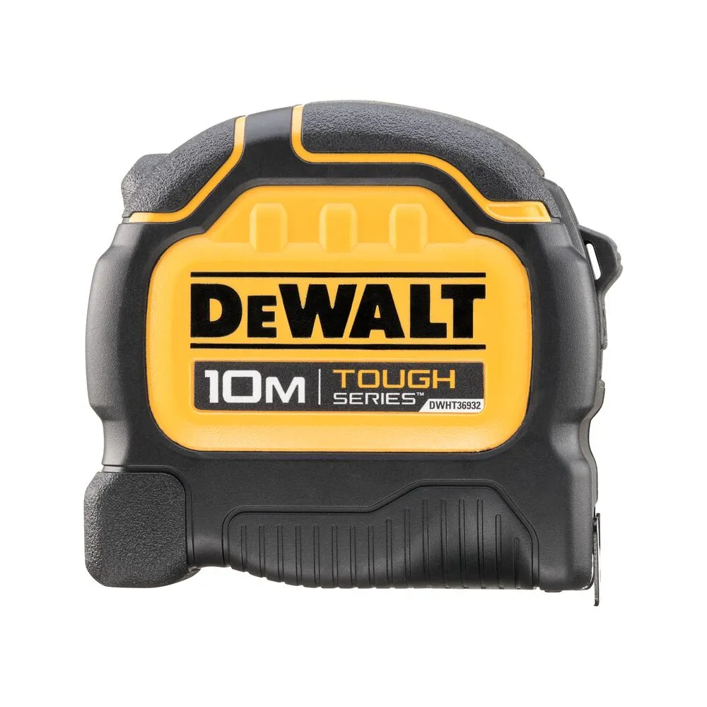 Pildil on musta ja kollase värviga Dewalt mõõdulint, millel on nähtav silt 10 m, "TOUGH SERIES" ning toote mudeli number...