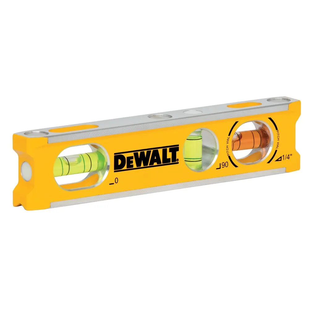 Pildil on kollane DeWalt vesilood, millel on üks horisontaalne ja kaks vertikaalset mullinõelikut.