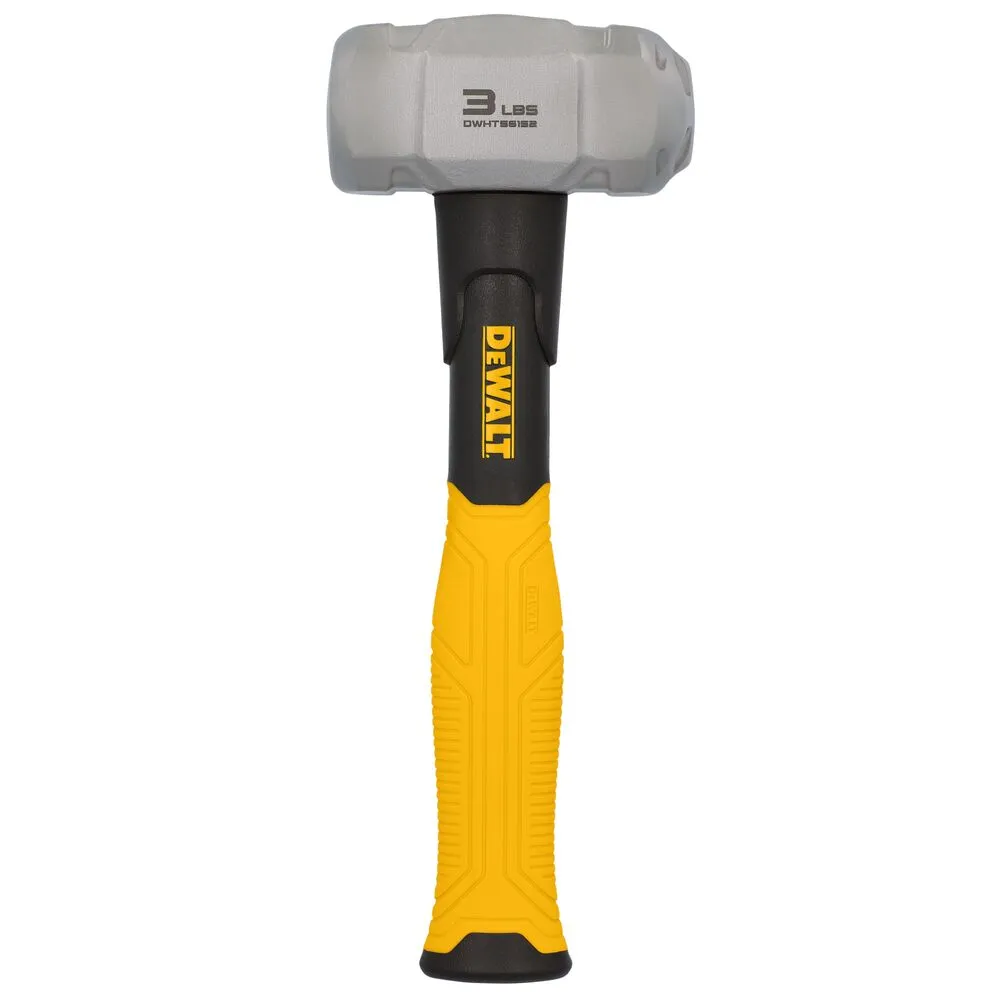 Pildil on näha DEWALT 3LB FG sledge drilling hammer, millel on hall metallpea ja erekollane käepide.