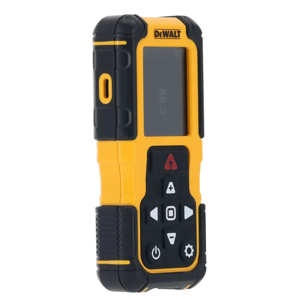 Pildil on näha kollane ja musta värvi DeWalt laserkaugusmõõtja, millel on digitaalne ekraan ja juhtnupud.