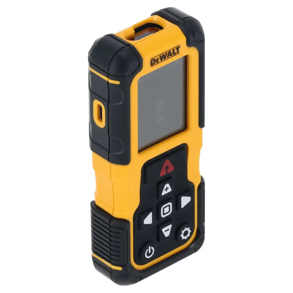 Pildil on kollane ja musta värvi DeWalt laserkaugusmõõtja, millel on ekraan ja nupud.