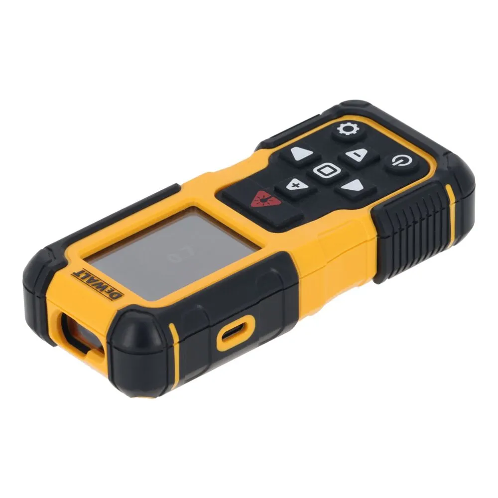 Pildil on näha DeWalt laserkaugusmõõtja koos nuppude ja ekraaniga.