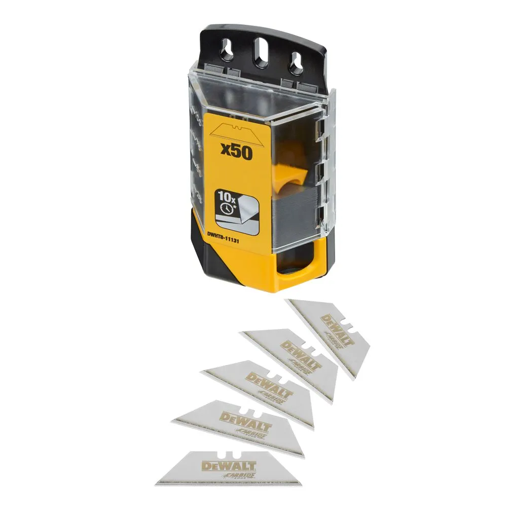Pildil on näha DeWalt Carbide 61 mm 50 tk noatera komplekt ja 5 eraldi noatera.