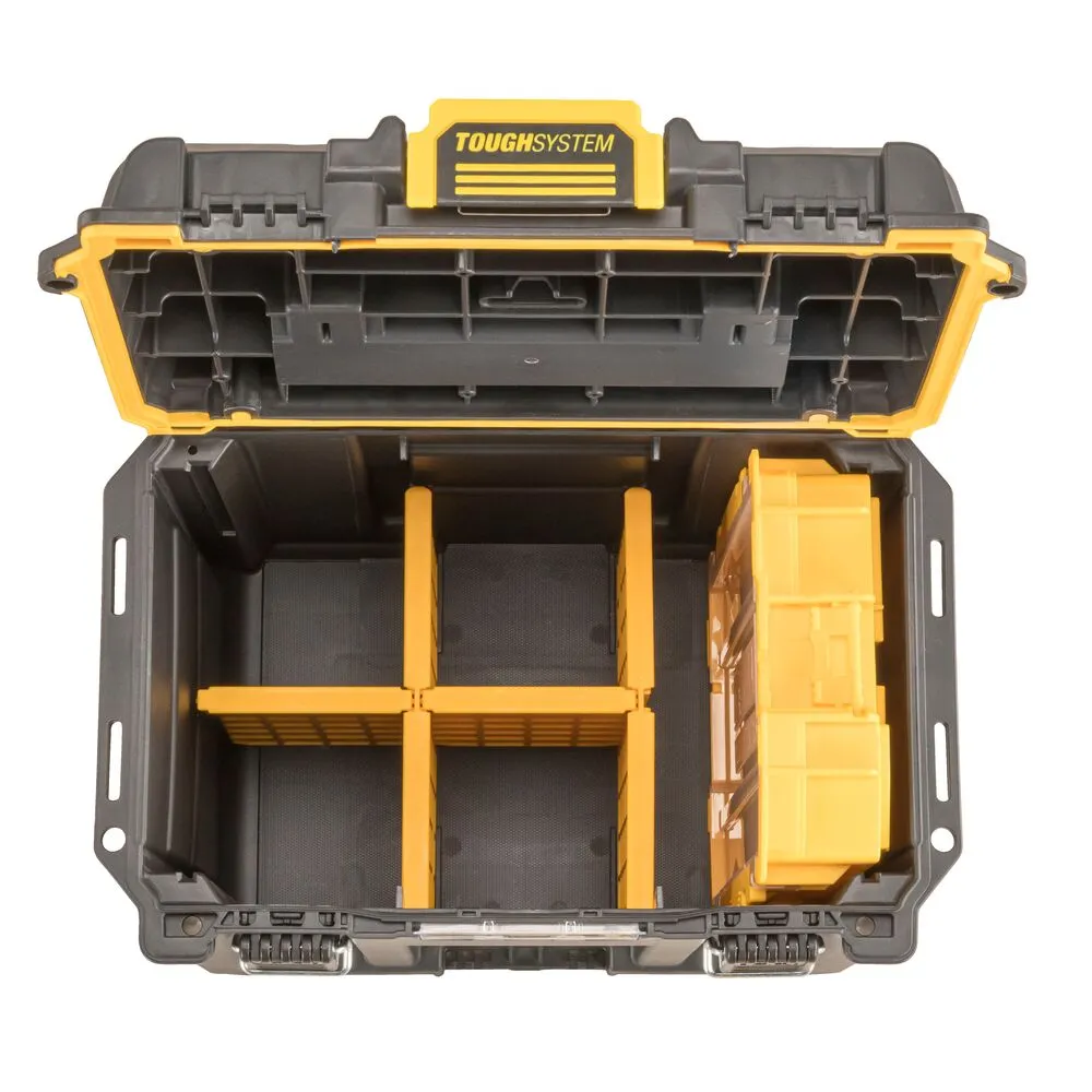 Pildil on avatud Dewalt TOUGHSYSTEM 2.0 poole laiusega sügav kast, mis sisaldab mitmeid kollaseid vaheseinu ja karpe, et...