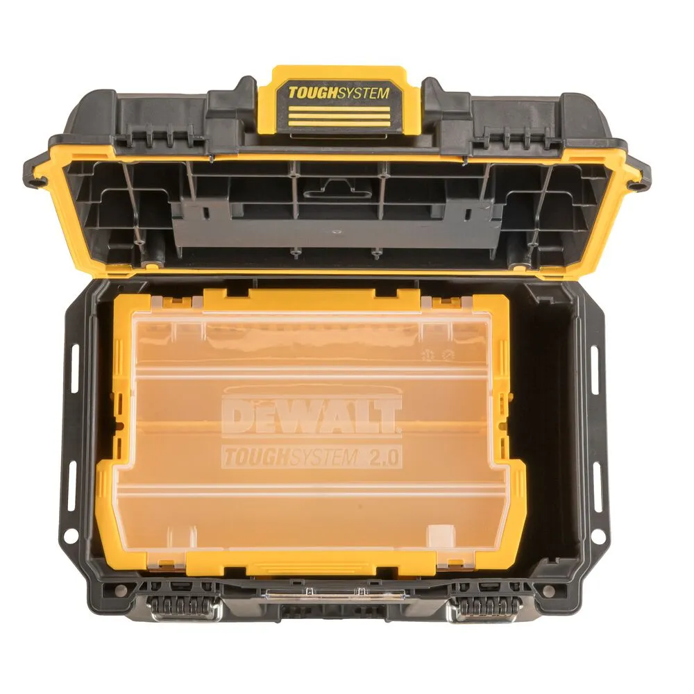 Pildil on avatud Dewalt TOUGHSYSTEM 2.0 poole laiusega sügav kast, mille sees on läbipaistva oranži kaanega organiser.