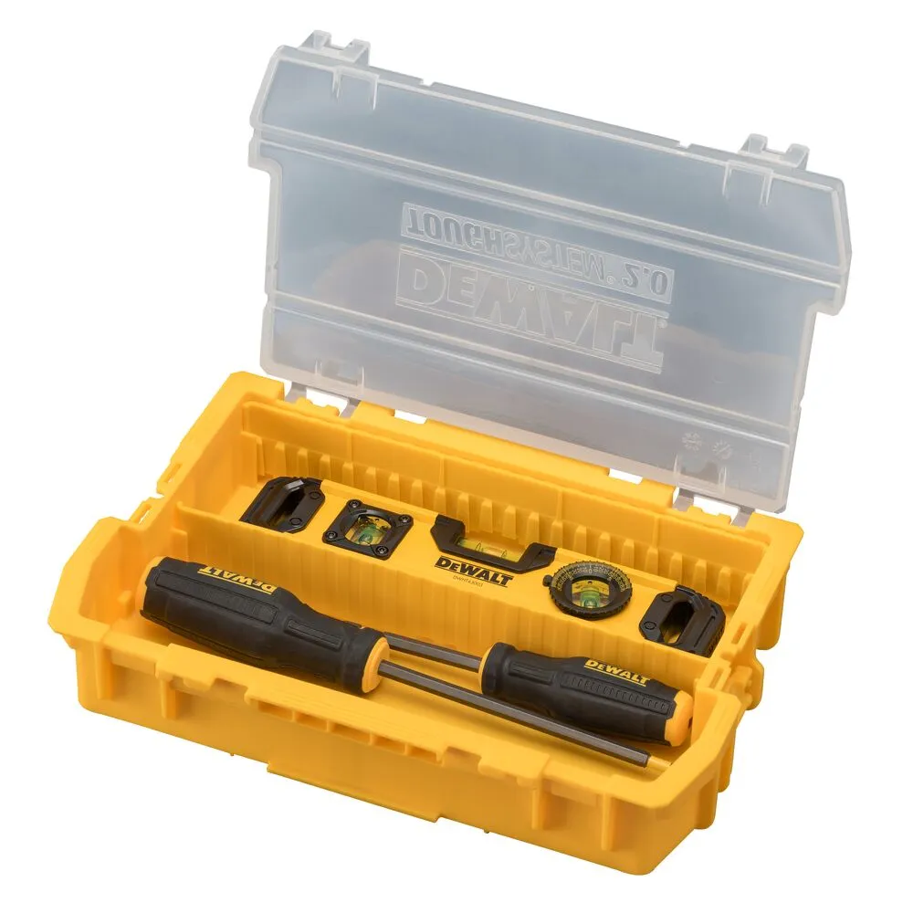 Pildil on avatud kollane Dewalt TOUGHSYSTEM 2.0 poole laiusega sügav kast, mille sees on tasapinnaline vesilood ja...