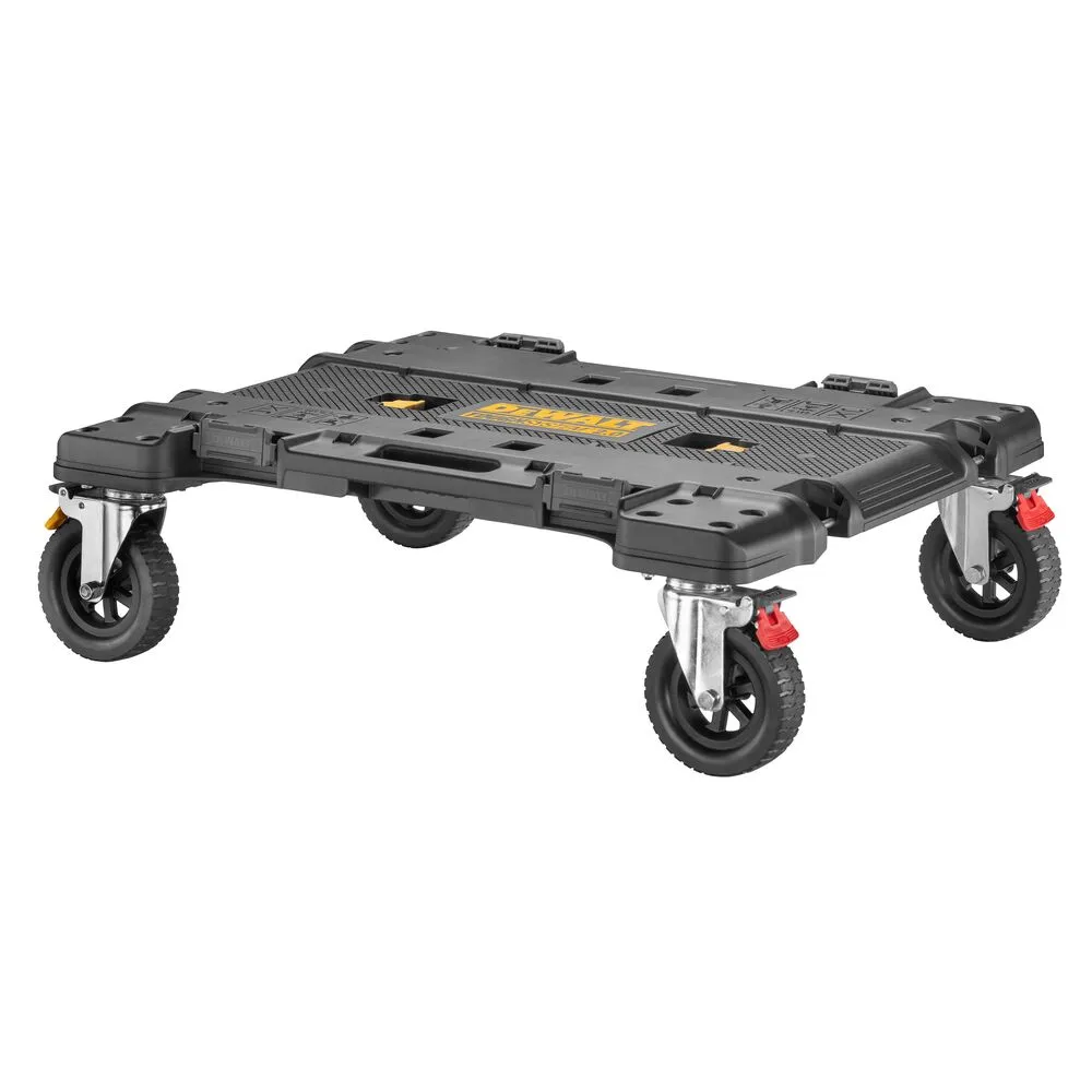 Pildil on kujutatud DeWalt TOUGHSYSTEM 2.0 DXL käru, millel on neli ratast ja see on valmistatud mustast plastikust.