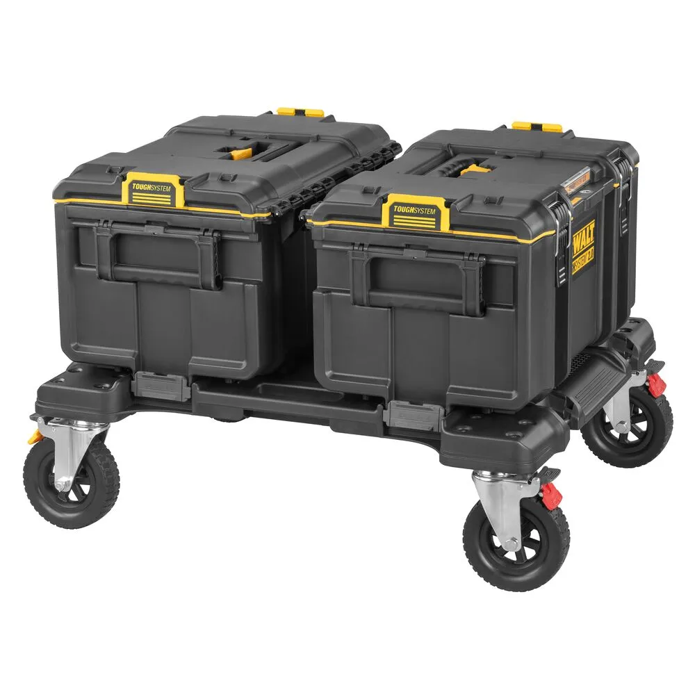Pildil on näha DeWalt TOUGHSYSTEM 2.0 DXL käru koos kahe musta hoiukastiga.