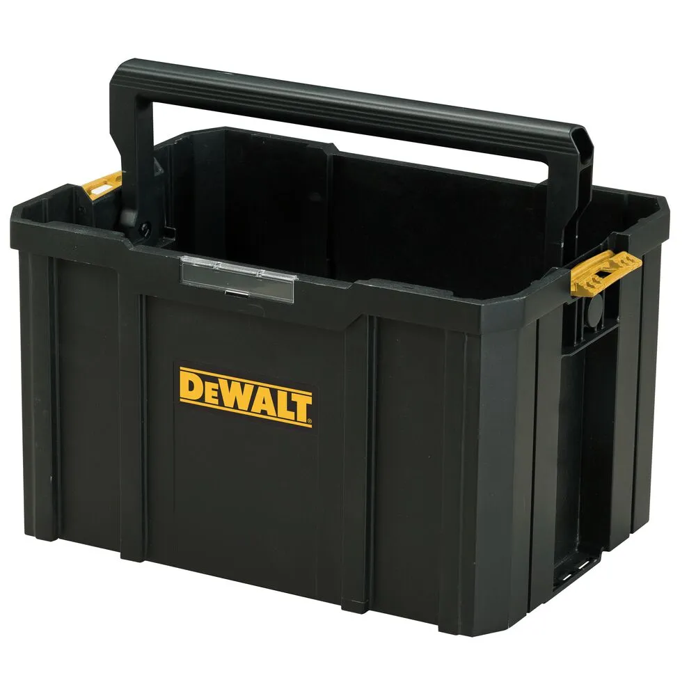 Pildil on must DeWalt TSTAK avatud tööriistakast, millel on kollased kinnitusdetailid ja käepide.