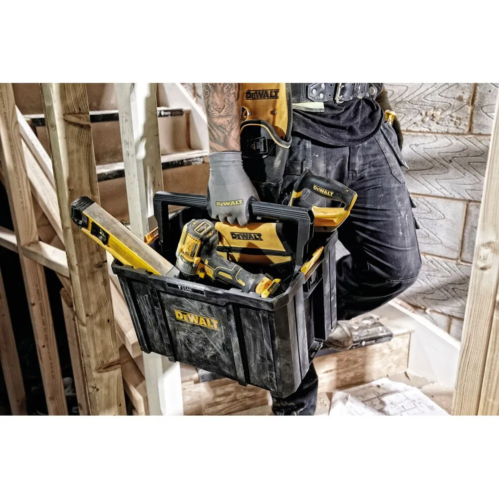 Pildil on näha DeWalt TSTAK avatud tööriistakast, mis sisaldab mitmeid tööriistu, nagu tööriistakast, laserlood ja...