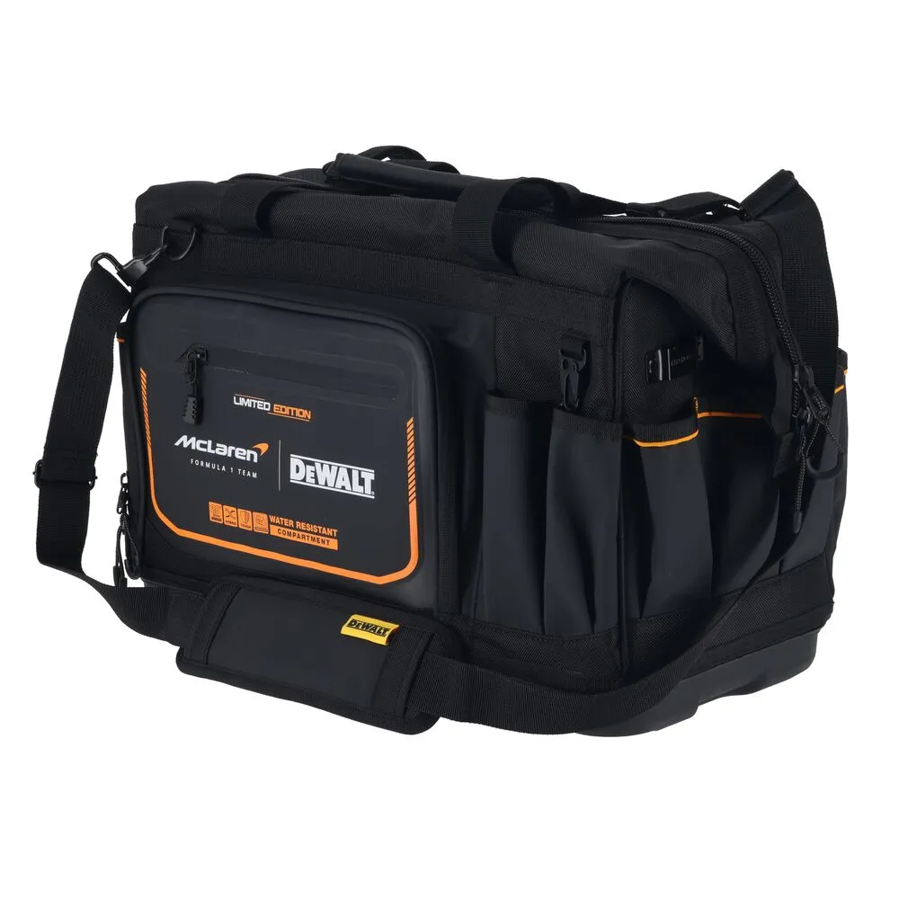 Pildil on must DeWalt 20-tolline tööriistakott McLaren F1 meeskonna logoga.