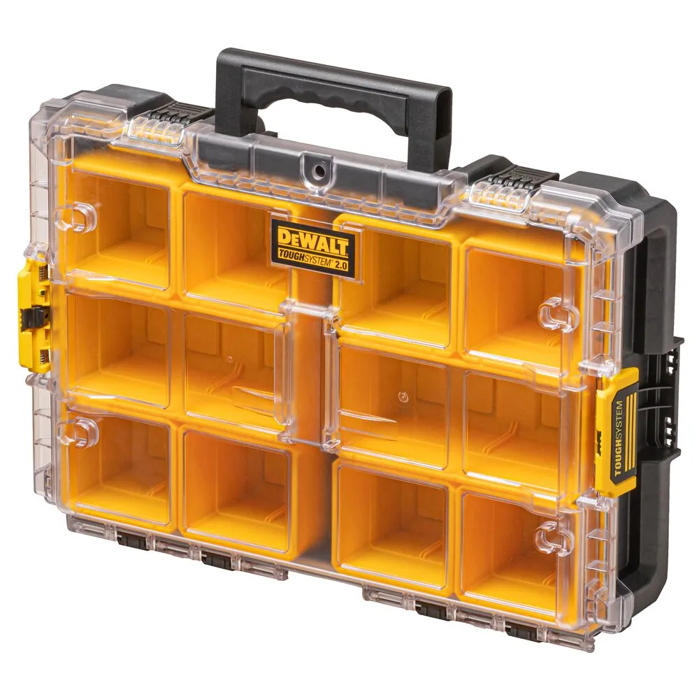 Pildil on näha DeWalt ToughSystem™ 2.0 DS100 tarvikute kohver, millel on läbipaistev kaas ja kollased sektsioonid.