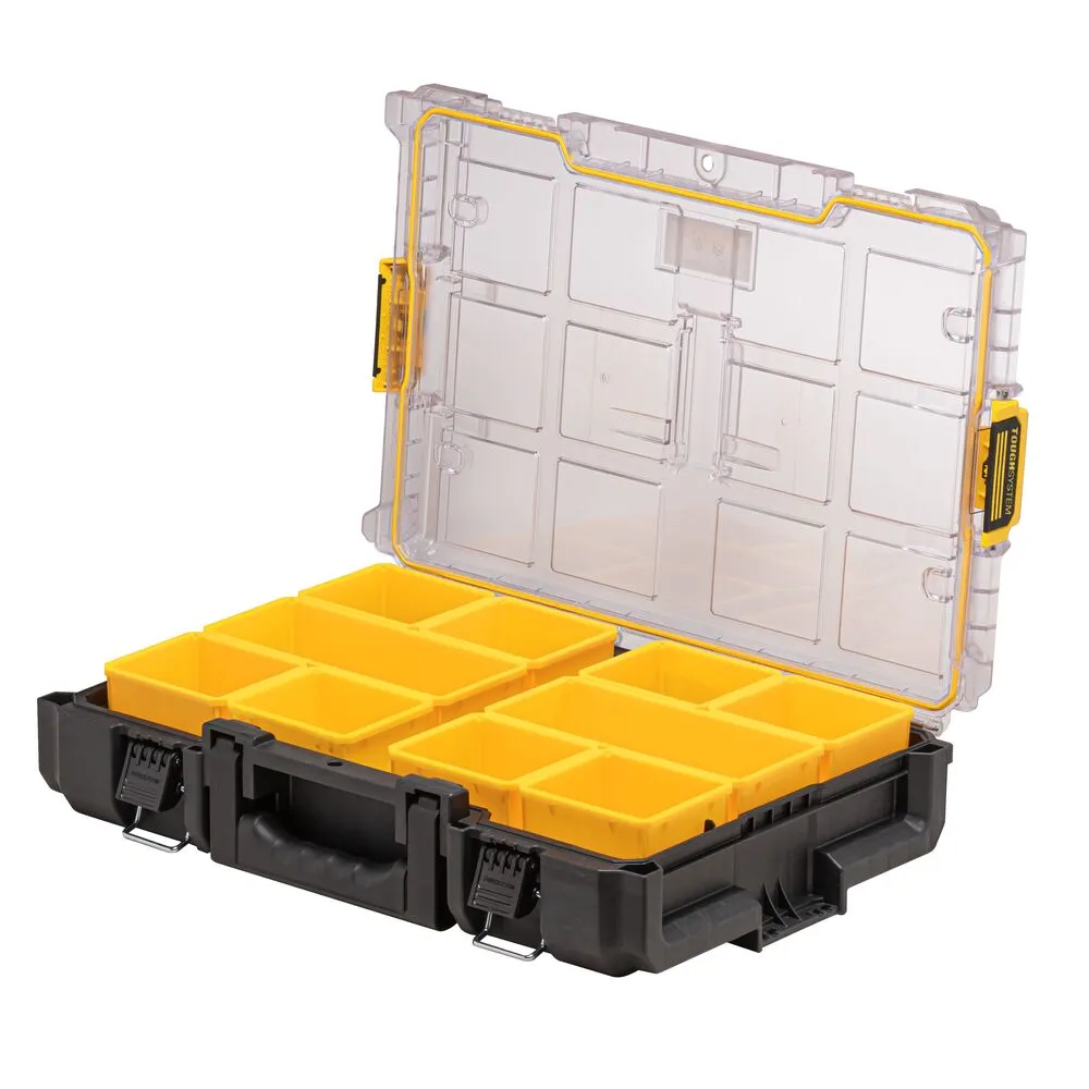 Pildil on avatud DeWalt ToughSystem™ 2.0 DS100 tarvikute kohver, kus on näha kollased mahutid ja läbipaistev kaas.