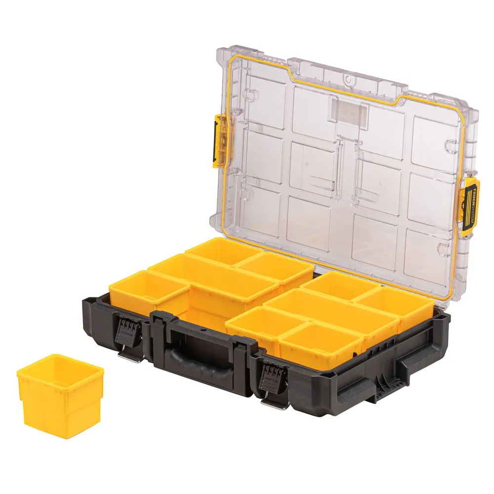 Pildil on DeWalt ToughSystem™ 2.0 DS100 tarvikute kohver koos mitme väikese kollase sahtliga.