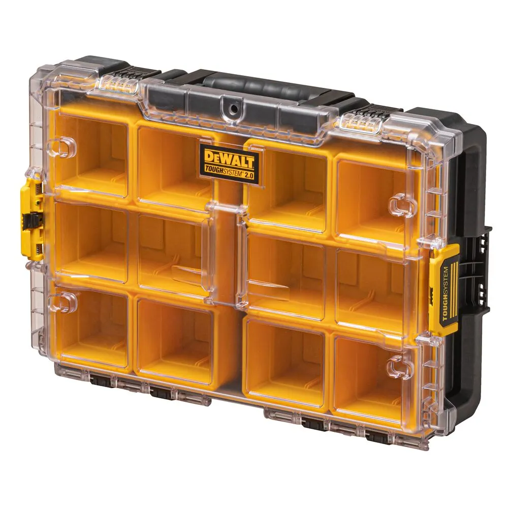 Pildil on DeWalt ToughSystem™ 2.0 DS100 tarvikute kohver, millel on läbipaistev kaas ja kollased vaheseintega sahtlid.