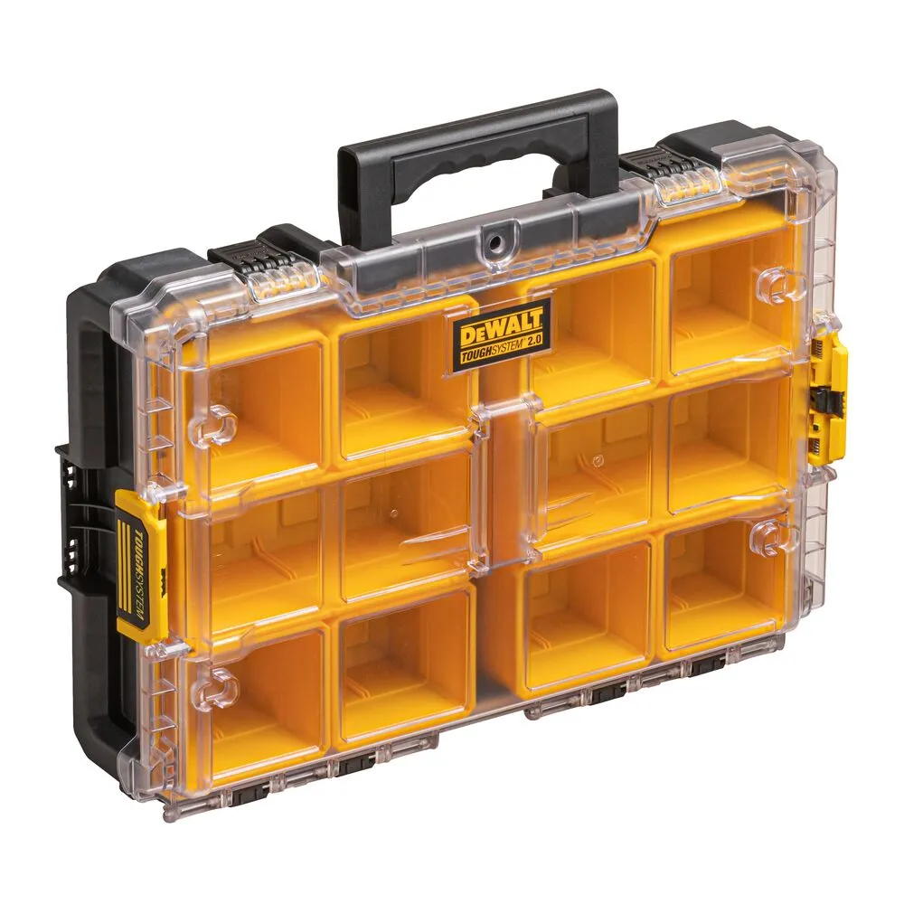 Pildil on näha avatud DeWalt ToughSystem™ 2.0 DS100 tarvikute kohver, mille sees on 12 kollast ja läbipaistvat sahtlit.