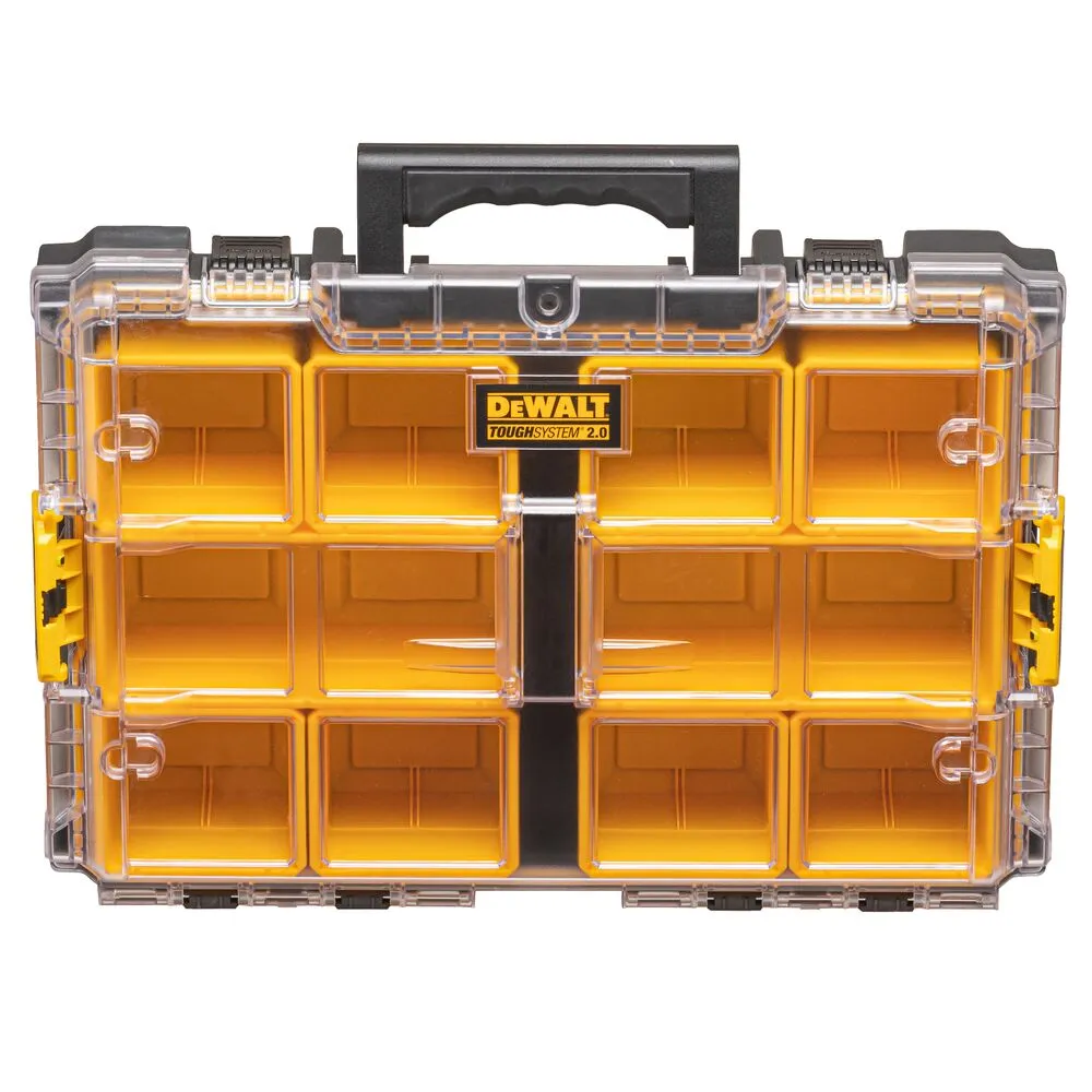 Pildil on DeWalt ToughSystem™ 2.0 DS100 tarvikute kohver, millel on läbipaistev kaas ja 12 eraldi kollast sahtlit.