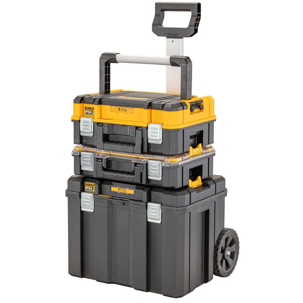 Pildil on näha DeWalt TSTAK IP54 mobiilne tööriistakastide komplekt, mis koosneb kolmest üksteise peale asetatud...
