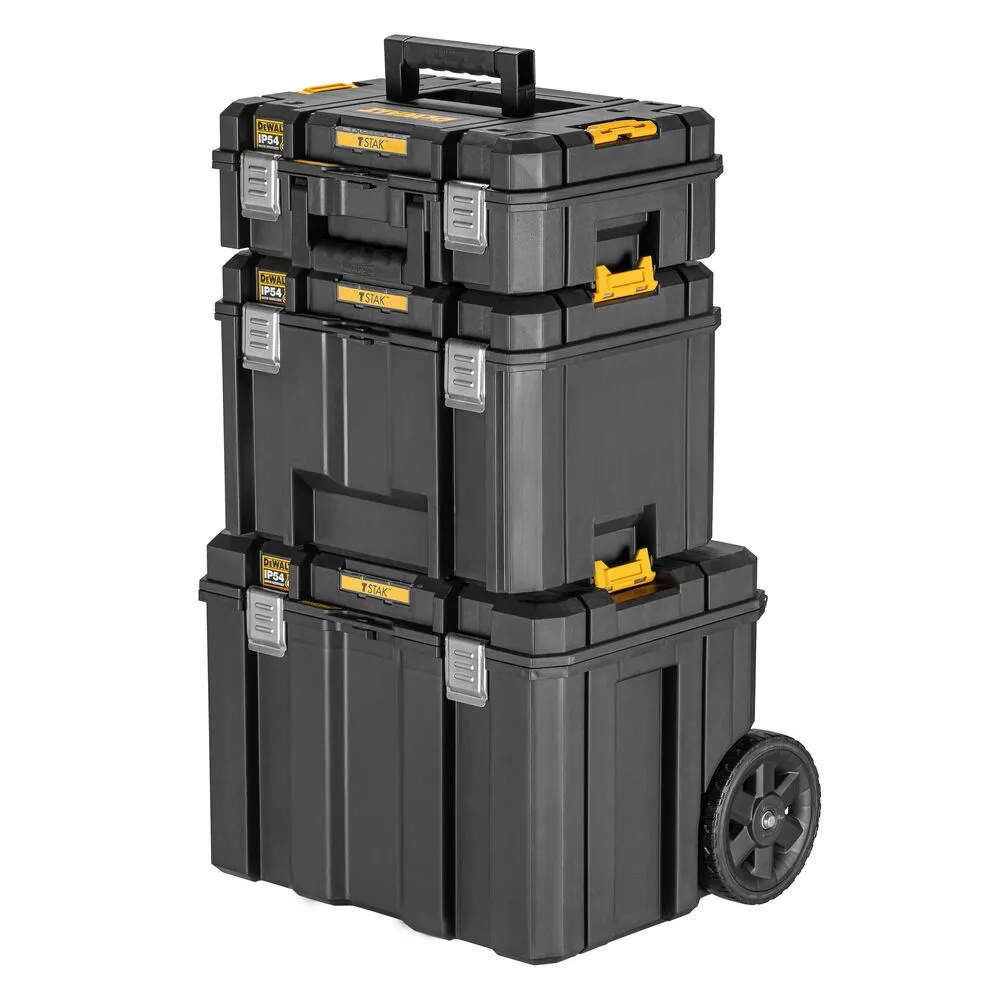 Pildil on näha DeWalt TSTAK IP54 kolmeosaline mobiilne tööriistakastide komplekt.