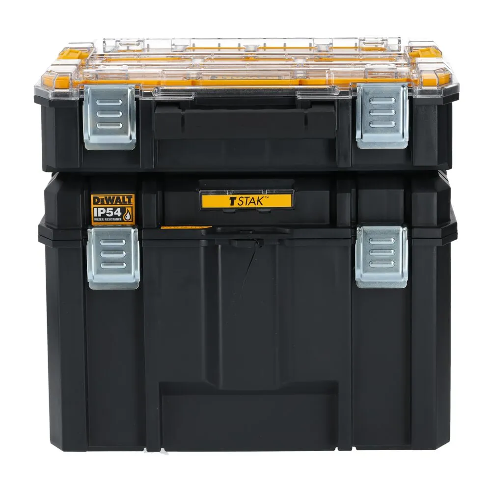 Pildil on näha kaks DeWalt TSTAK IP54 sügavat kasti ja korraldajat, mis on virnastatud üksteise peale.