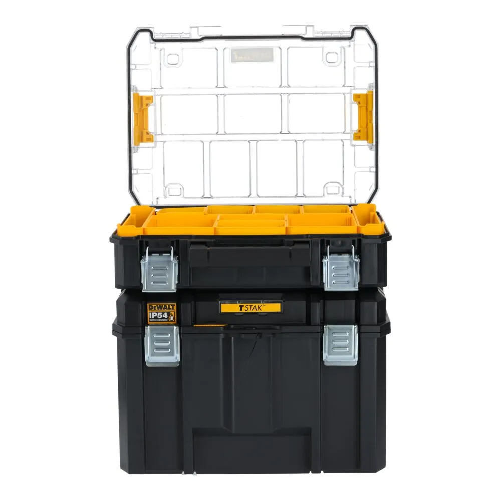 Pildil on näha DeWalt TSTAK IP54 sügava kasti ja korraldaja komplekt, mis koosneb kahest mustast tööriistakastist...