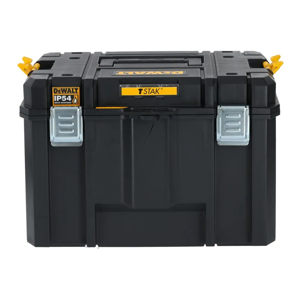 Pildil on näha must DeWalt TSTAK IP54 sügav kast ja korraldaja komplekt.