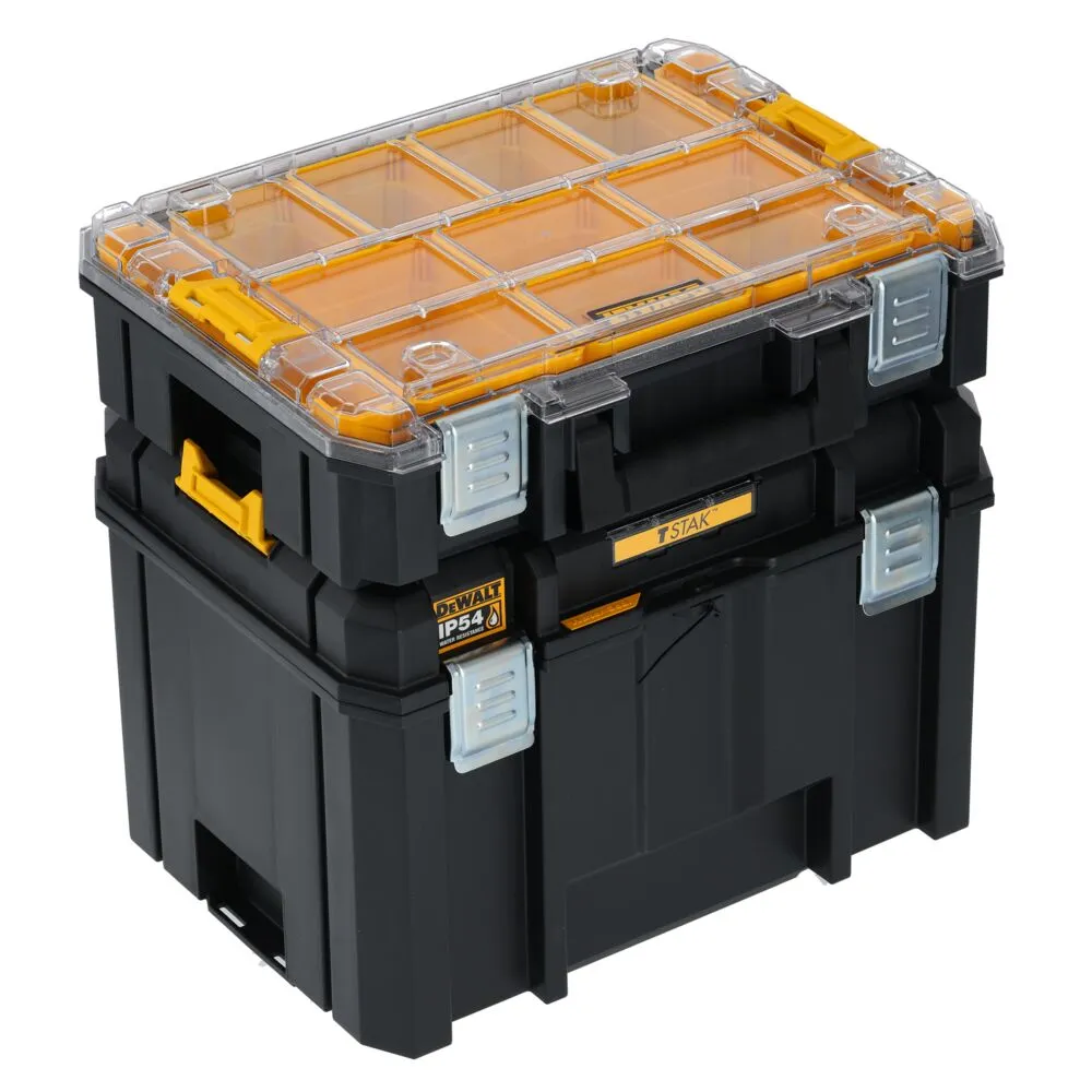 Pildil on näha DeWalt TSTAK IP54 sügav kast ja korraldaja komplekt, mis on tumedast plastikust ja läbipaistvast kaanega.