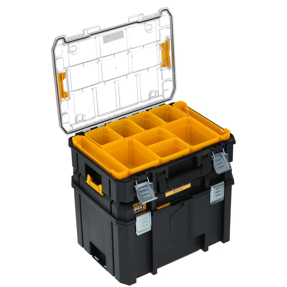 Pildil on näha DeWalt TSTAK IP54 sügav kast ja korraldaja komplekt, mille läbipaistev kaas on avatud, paljastades...