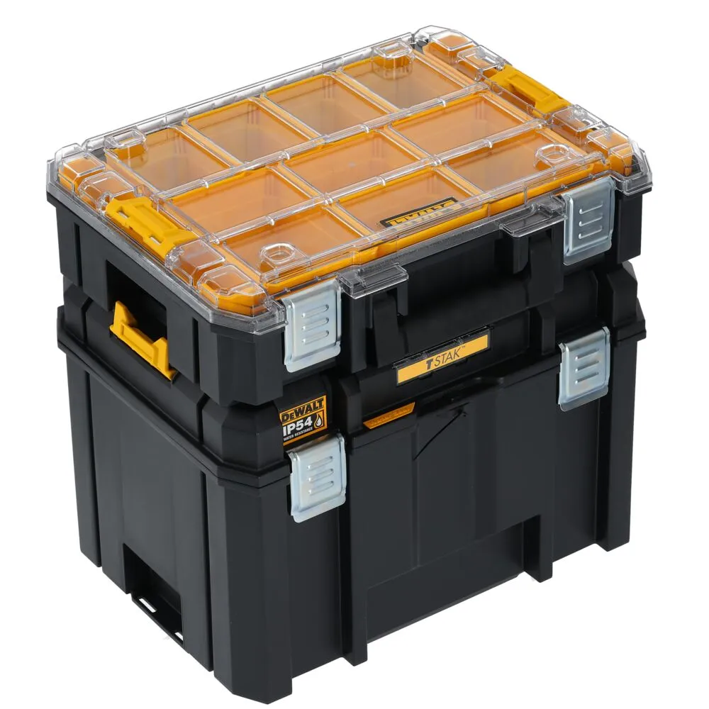 Pildil on näha DeWalt TSTAK IP54 sügav kast ja korraldaja komplekt.