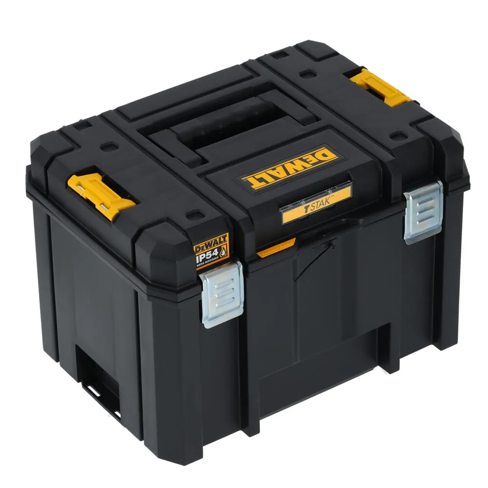 Pildil on näha must DeWalt TSTAK IP54 sügav kast ja korraldaja komplekt.
