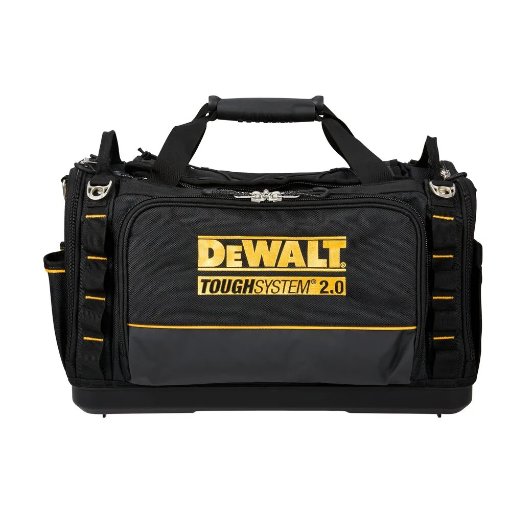 Pildil on must tööriistakott DeWalt TOUGHSYSTEM 2.0 kollase logoga.
