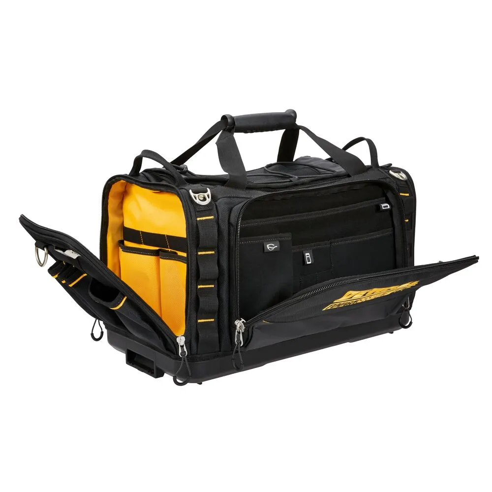 Pildil on näha avatud must DeWalt TOUGHSYSTEM 2.0 tööriistakott kollaste sisetaskutega.