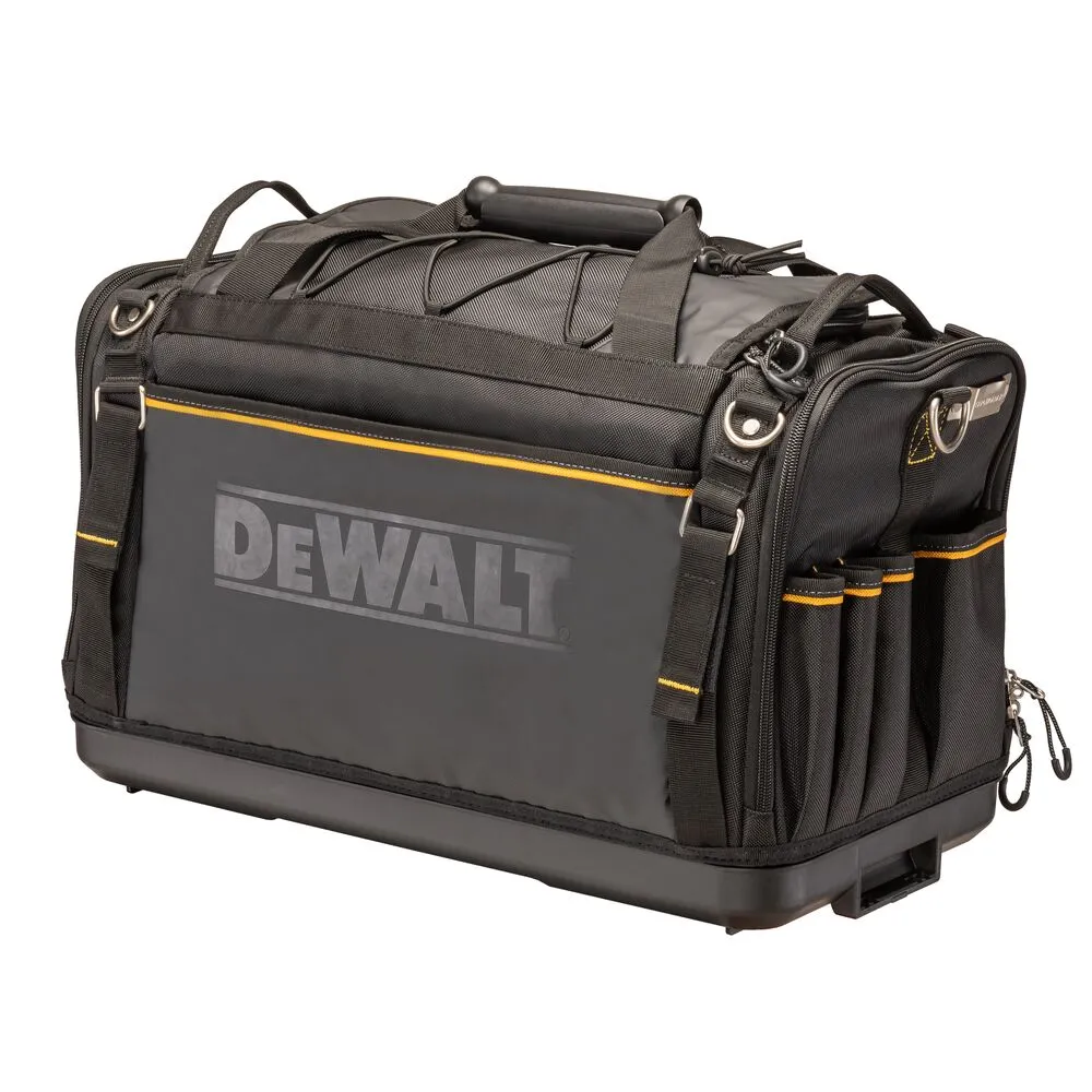 Pildil on DeWalt tööriistakott TOUGHSYSTEM 2.0, mis on must ja hall ning selle külgedel on palju taskuid.