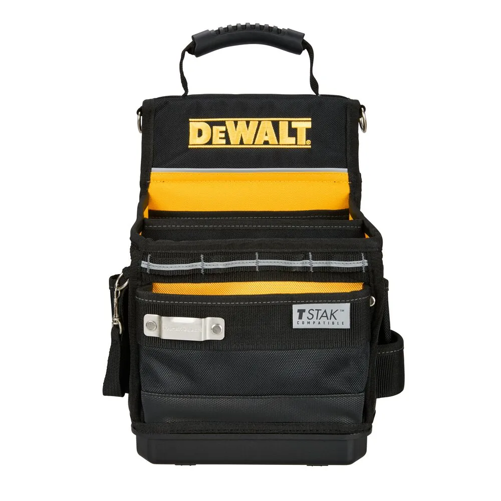 Pildil on näha musta ja kollast värvi DeWalt TSTAK avatud tööriistakott.