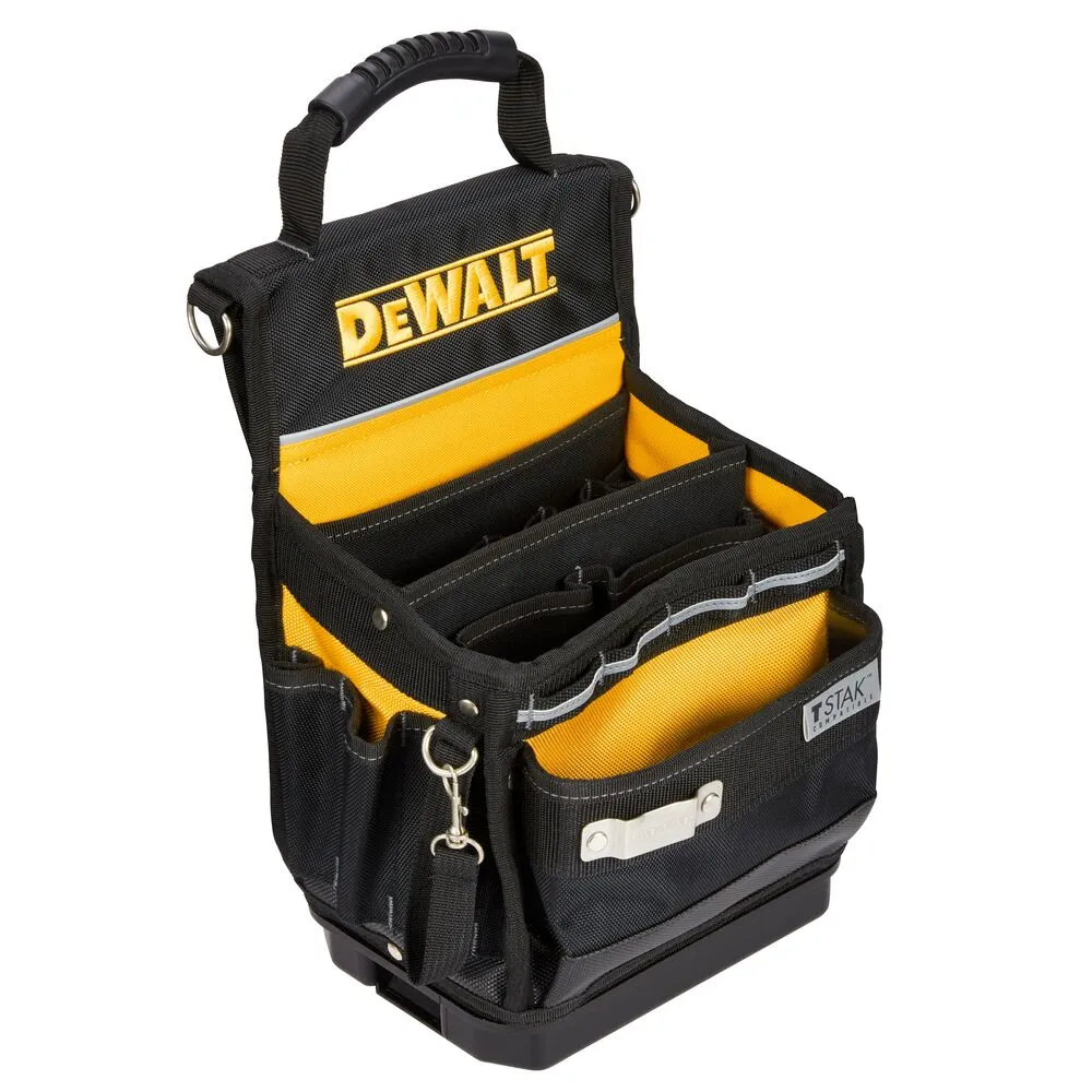 Pildil on näha DeWalt TSTAK avatud tööriistakott musta ja kollase värvikombinatsiooniga, millel on käepide ja erinevad...