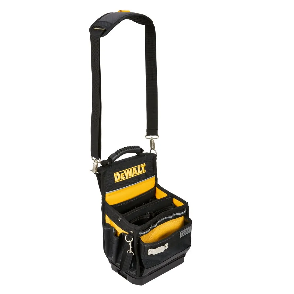 Pildil on kujutatud DeWalt TSTAK avatud tööriistakott, millel on must ja kollane värvus ning mitu sahtlit.
