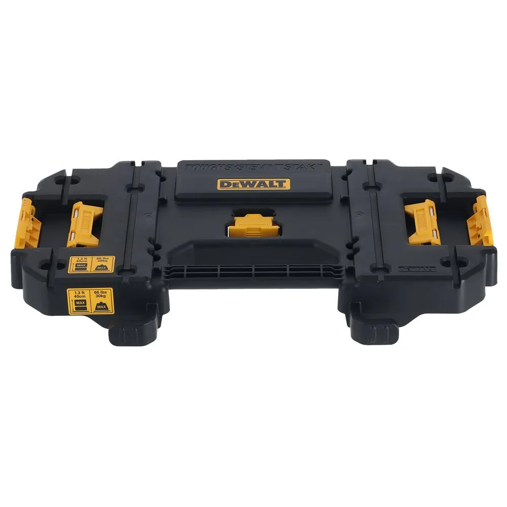 Pildil on näha Dewalt tolmuimeja hoiuriiulisüsteem DWV9510-XJ, millel on must värv ja kollased klipid.