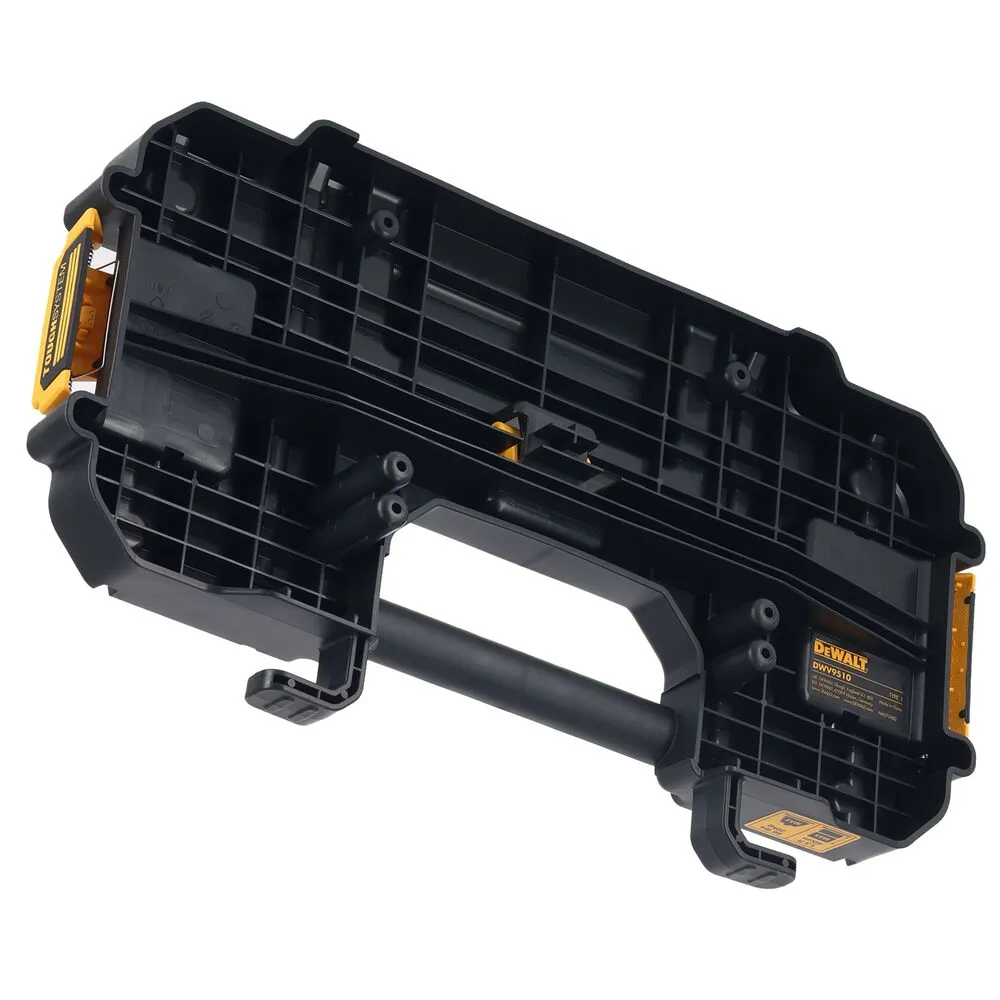 Pildil on kujutatud Dewalt tolmuimeja hoiuriiulisüsteem DWV9510-XJ, millel on näha must plastikust alus ja kollased detailid.