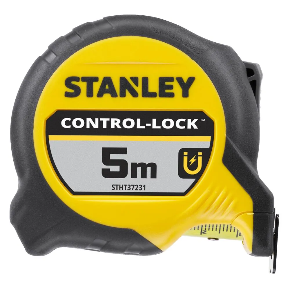 Pildil on kollane-must Stanley mõõdulint Control 5 m x 25 mm, millel on logo, kontroll-lukk ja mõõtmed.