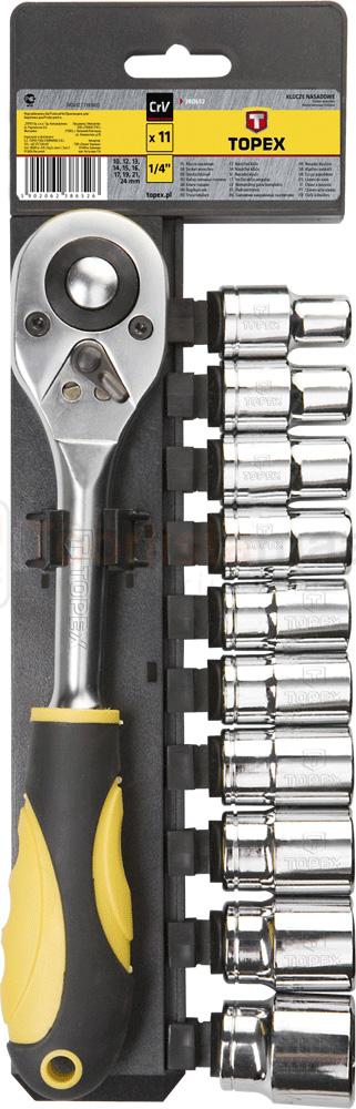 Pildil on Topex 1/2" padrunite komplekt, mis sisaldab 11 osa, sh erineva suurusega padrunid ja käepidemega räts.