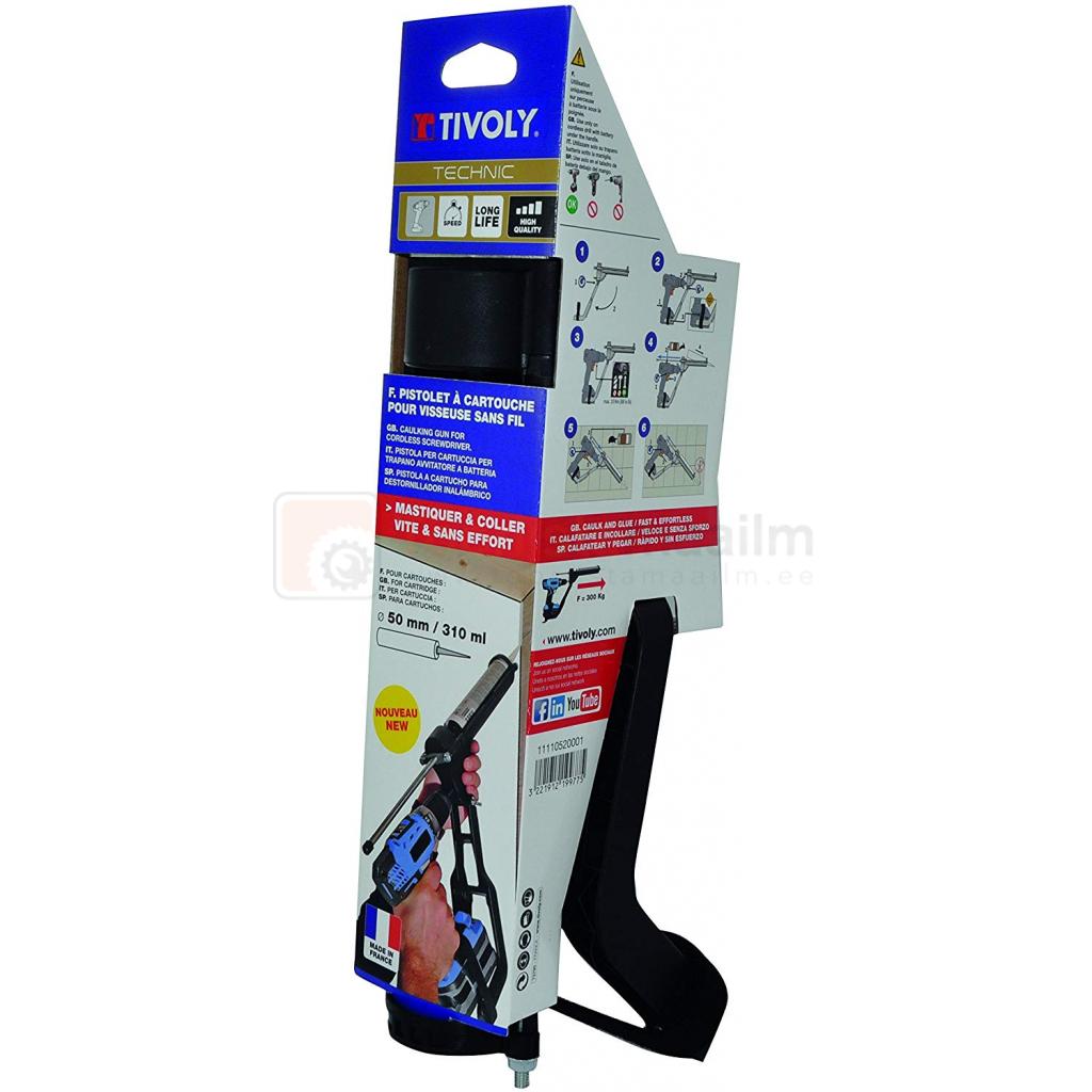 Pildil on Tivoly silikoonipüstol, mis on mõeldud akutrelli külge kinnitamiseks ja sobib 310 ml tuubidele.